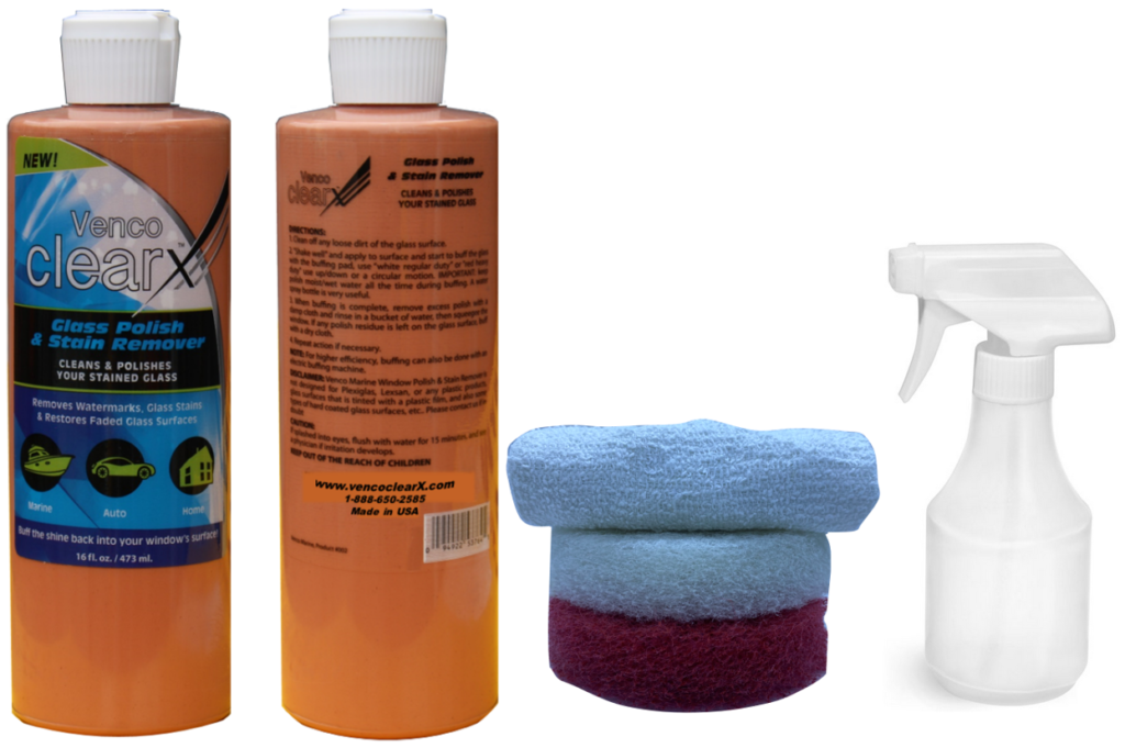 Glass Polish & Stain Remover 16oz bottle, Pads, Rag, Spray. Venco Marine